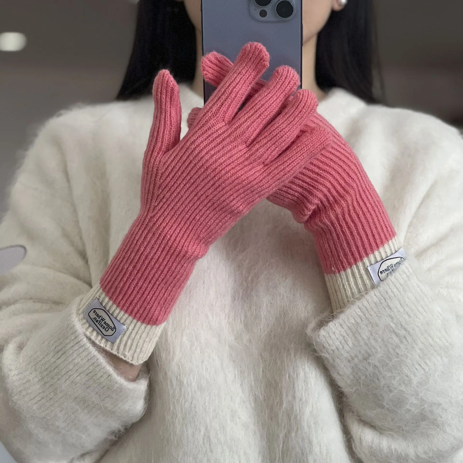 Women's Warm Knitted Gloves Couple's Split Finger Woolen Gloves Outdoor Riding Screen Touch Fluffy Stripe Christmas Gift