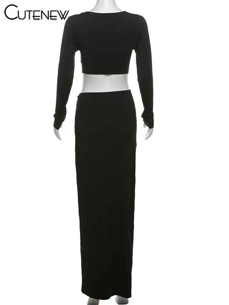 Fashion Matching 2 Piece Women High Street O-neck Full Sleeve Shirring Tees+Split Long Skirts Female Popular Club Sets