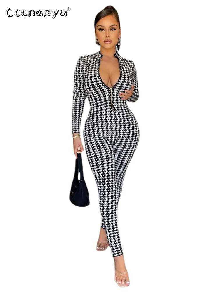 

Fall Winter Swallow Gird One Piece Outfit Casual Long Sleeve Overalls Sexy Tight Fitting Nightclub Jumpsuits for Women Sets 2022