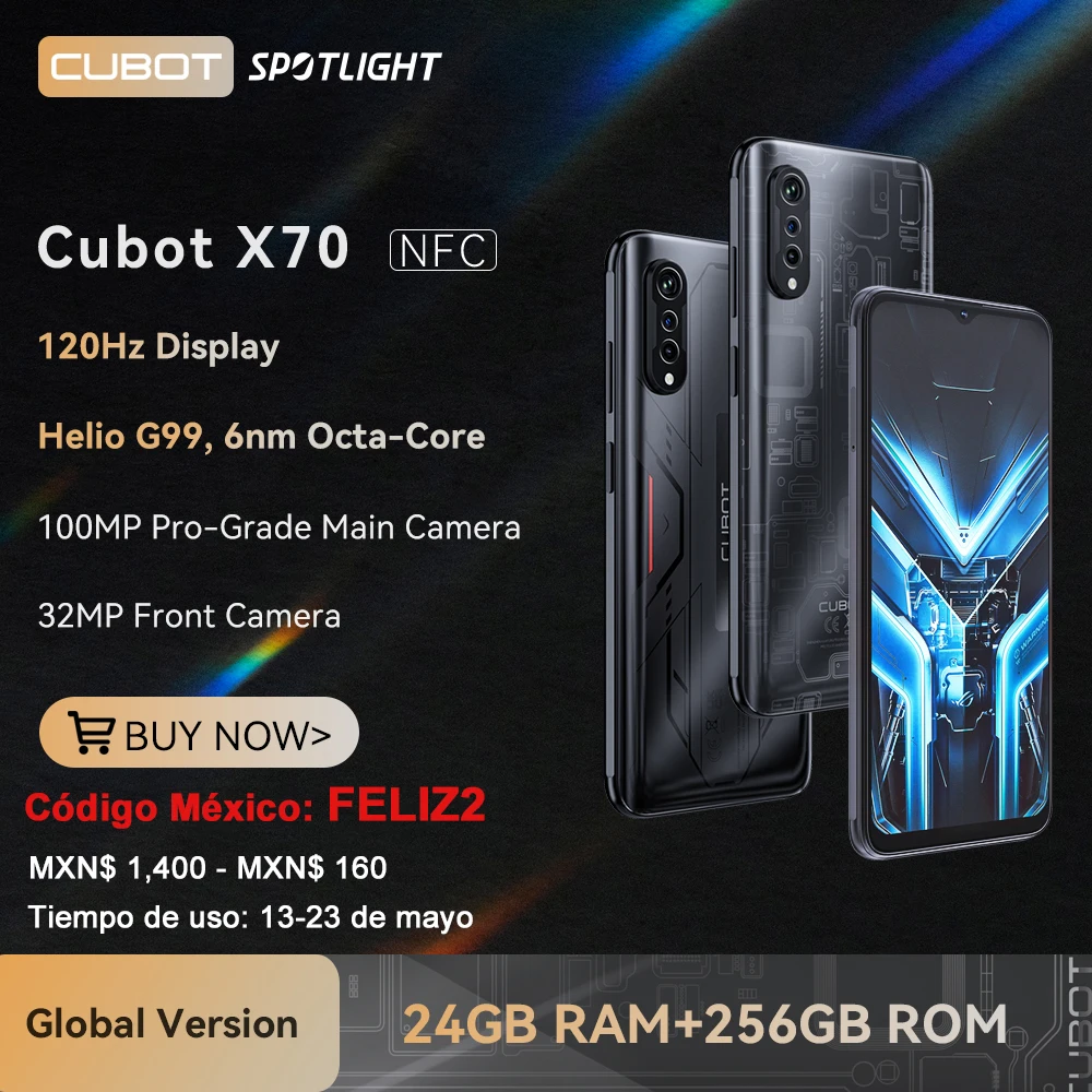 Cubot X70, Smartphone Android 13, Helio G99, Octa-Core, 120Hz 6.583 Inch Screen, 24GB RAM(12+12GB), 256GB ROM, 100MP Camera, NFC