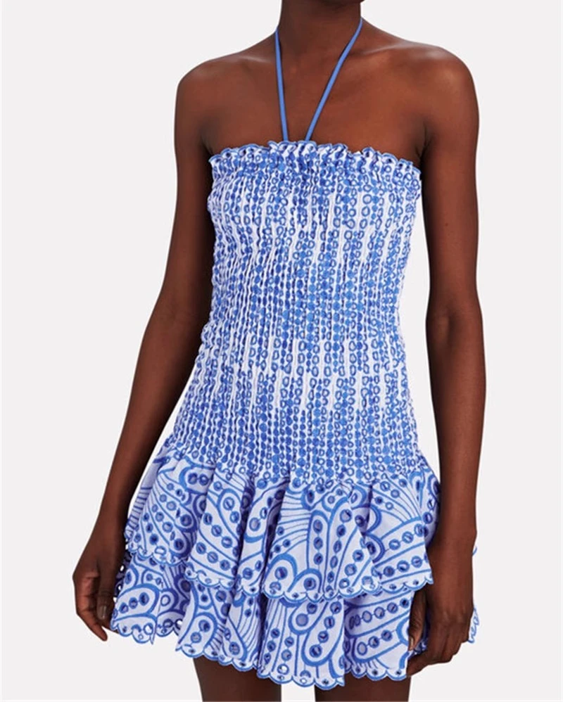 

Streetwear Blue Floral Women Dress Bodycon Strapless Sleeveless Summer Holiday Womens Clothing Runway Design Vestidos Party