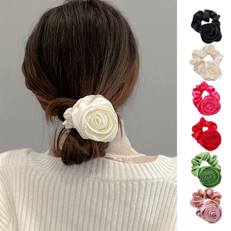 

2023 French Retro Gentle Rose Large Intestine Hair Ring Literary Satin Flower Hair Ring Ponytail Rope for Hairstyles DropShip