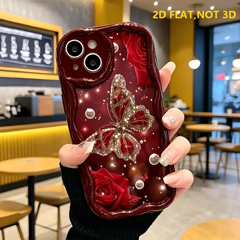 Luxury Cream Wavy Protective Phone Case with Diamond Butterfly Rose Design