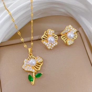 ZAKOL Luxury Shiny Zircon Pearl Flowers Pendant Necklace Earrings Set for Women Stainless Steel Chain Choker Jewelry Sets 1