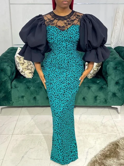 Osas Print Lace Patchwork Puff Sleeve Long Gown
