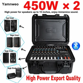 YAMNWEO 450Wx2 Power Amplifier Mixer, 8-Channel 99 DSP Digital Professional Active Audio Mixer, with Bluetooth and USB, Comes with a Flight Case for Easy Outdoor Use