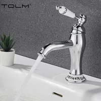 Retro ยุโรปห้องน้ําอ่างล้างหน้าก๊อกน้ําทองแตะเซรามิคตกแต่งชุบ Chrome เดี่ยวร้อนและเย็นดาดฟ้าติดตั้ง 3