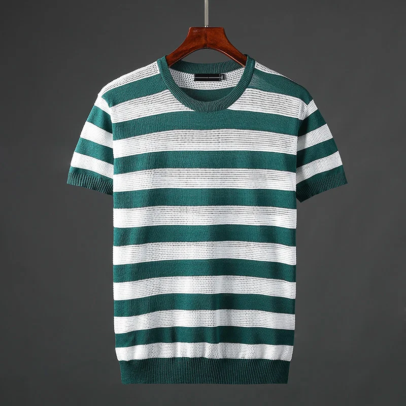 

Summer Knitted Mens T-shirts Luxury Short Sleeve Striped Casual Man Fashion Slim Fit Male Plus Size 7xl