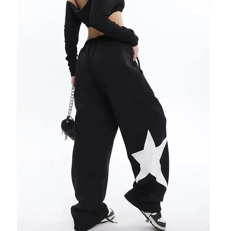 

American retro high-street hiphop hip-hop printed sports pants for women loose and slim casual high-waisted wide-leg niche pants