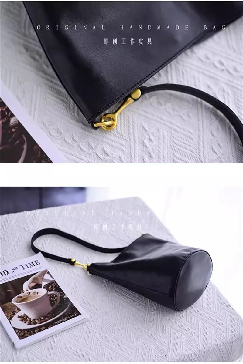 Einfache Vintage-Designer-Eimertasche aus echtem Leder für Damen, modische Party im Freien, natürliche erste Schicht Rindsleder, weibliche Umhängetasche – Detail 24