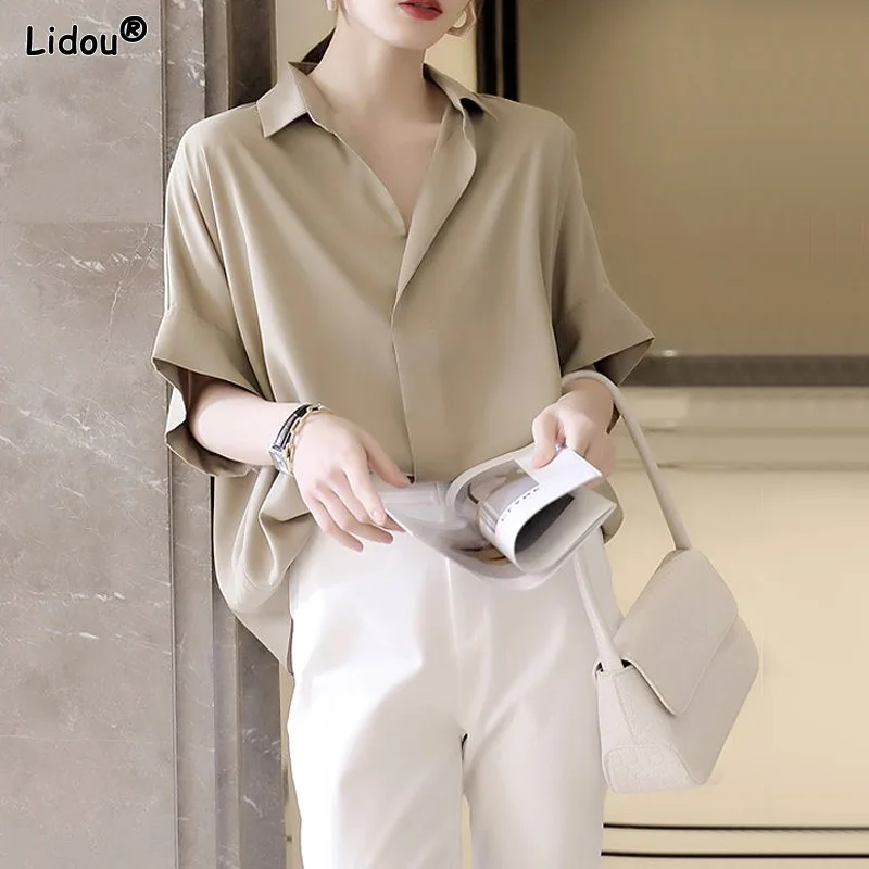 2023 Women's Clothing Thin Blouses Shoulder Drop Loose Turn-down Collar Solid Color Button Simplicity Office Lady Casual Elegant women abstract graphic drop shoulder sweater m