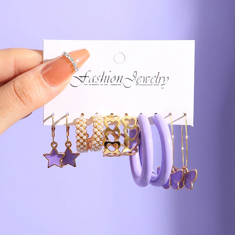 Colorful Resin Butterfly Earrings Set Pearl Purple Green Acrylic Gold Color Metal Hoop Earrings for Women Fashion Party Jewelry