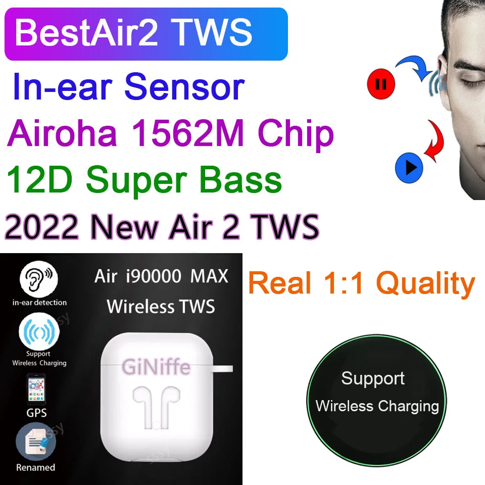 GiNiffe BestAir2 TWS Wireless 2 Earphones12D Super Bass Headphones Bluetooth Sports Earbuds 7H Music Airoha 1562M Chip |