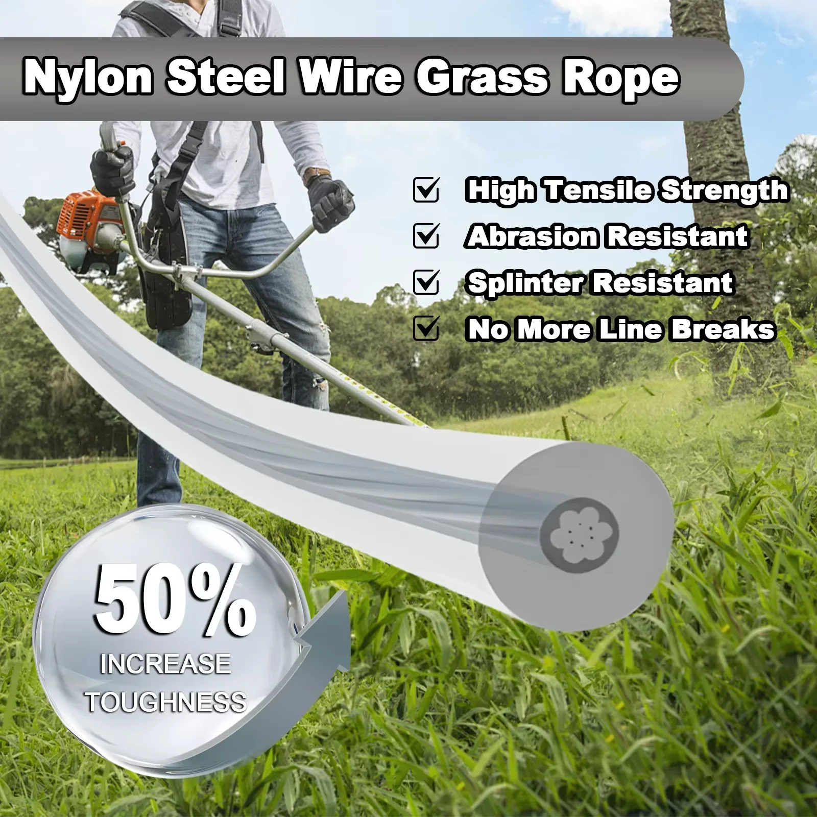 Durable Nylon Grass Trimmer Line with Steel Core - Strong & Wear-Resistant