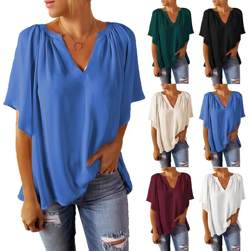 Casual Female V Neck Half Sleeve Loose T Shirts