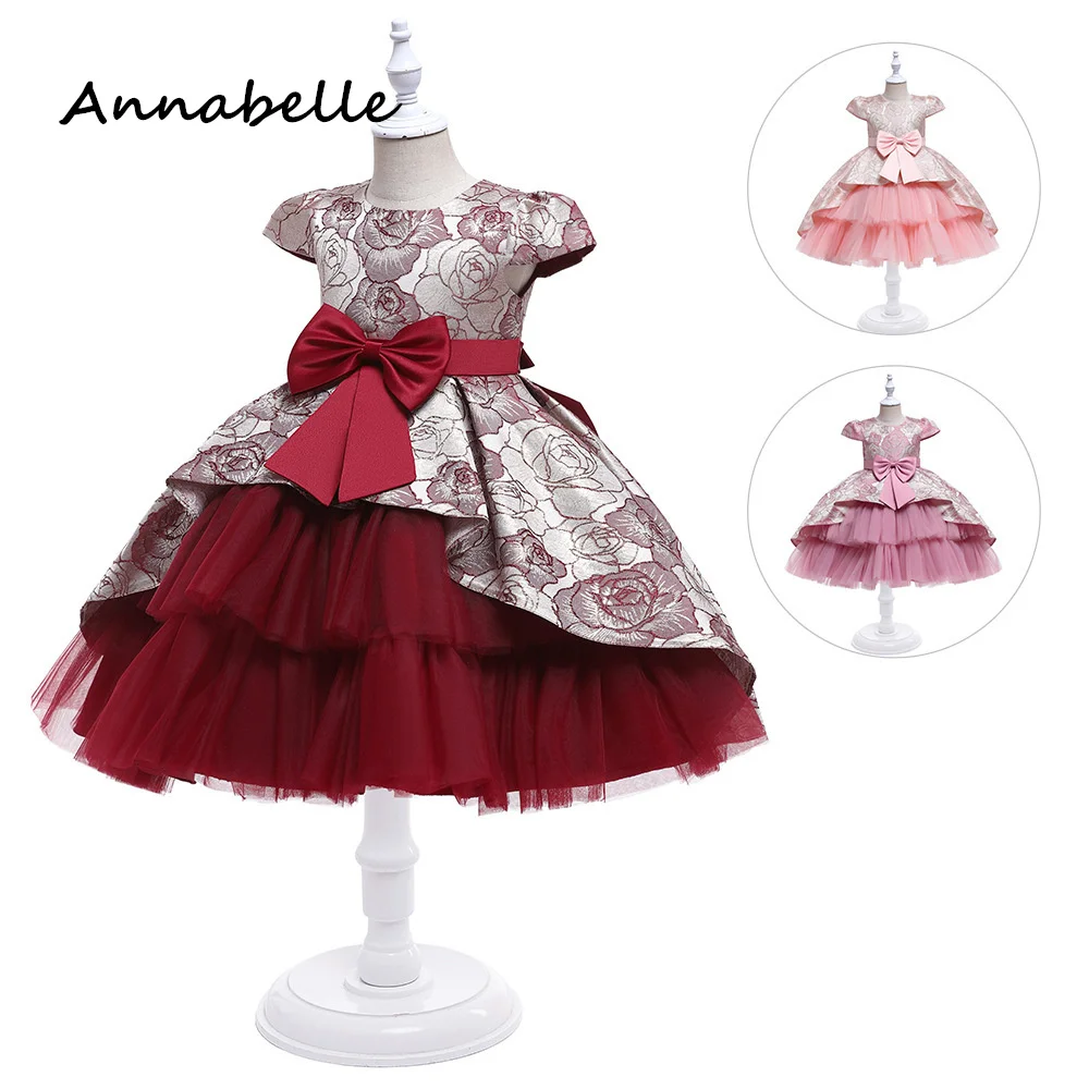 Annabelle Flower Girl Abito Lungo Puffy Lace Flower Baby Wedding Cute Bow Dress Priness Girl Bow Birthday Party Dress 2024 Nuovo