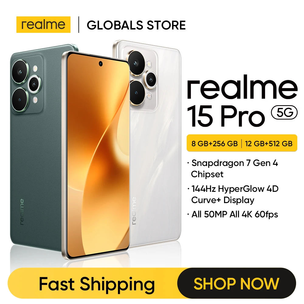 هاتف ذكي Realme 15 Pro 5G NFC Snapdragon 7 Gen 4 شرائح كاميرا ثلاثية 50 ميجابكسل 6.8 بوصة 144 هرتز 4D منحنى + عرض بطارية 7000 مللي أمبير في الساعة 80 وات