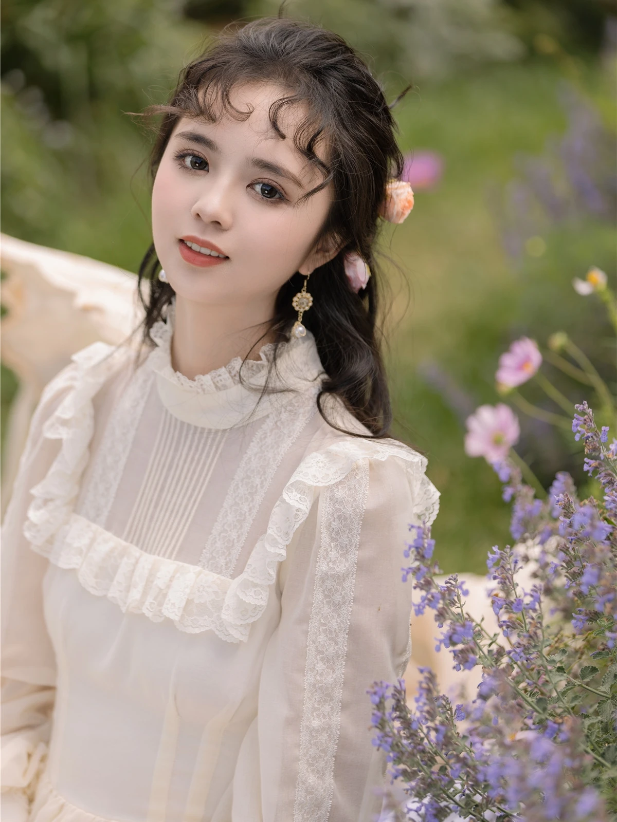 

Free Shipping Spring Summer White Maxi Dress Women Elegant Slim Lace Stand Collar Sweet Vintage Inspired Ruffled White Dresses