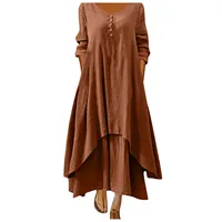 Robe longue en coton pour femmes, décontractée, à la mode, avec boutons, couleur unie, pour documents 3