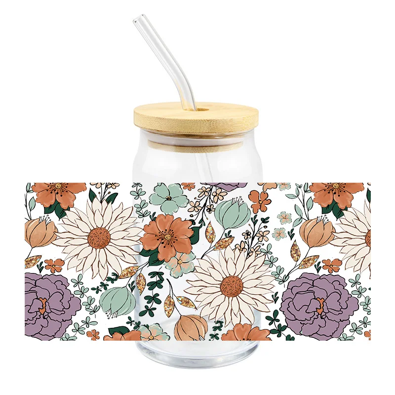

UV DTF 16 Oz Libbey Wrap Transfer Sticker Retro Flowers Sticker For Glass Cups Bottles Easy To Use Beautiful UV Transfer Wraps