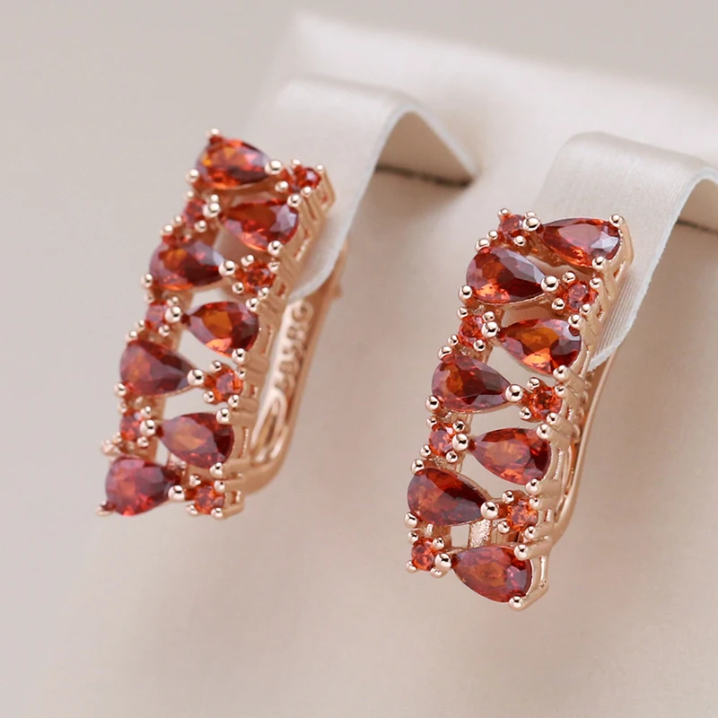 Kinel Hot Shiny Red Natural Zircone Orecchini Inglesi Per Le Donne Trend 585 Rose Gold Color Bride Wedding Fine Jewelry Crystal Gift