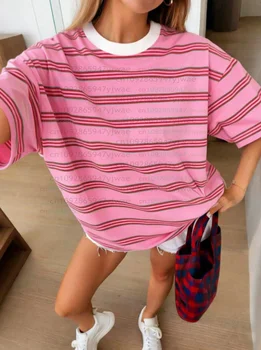 2026 Womens men plus size Short Sleeve stripe  Print T-Shirt Girl Round Neck Tee Outdoor Sports plus-size women's clothing 1