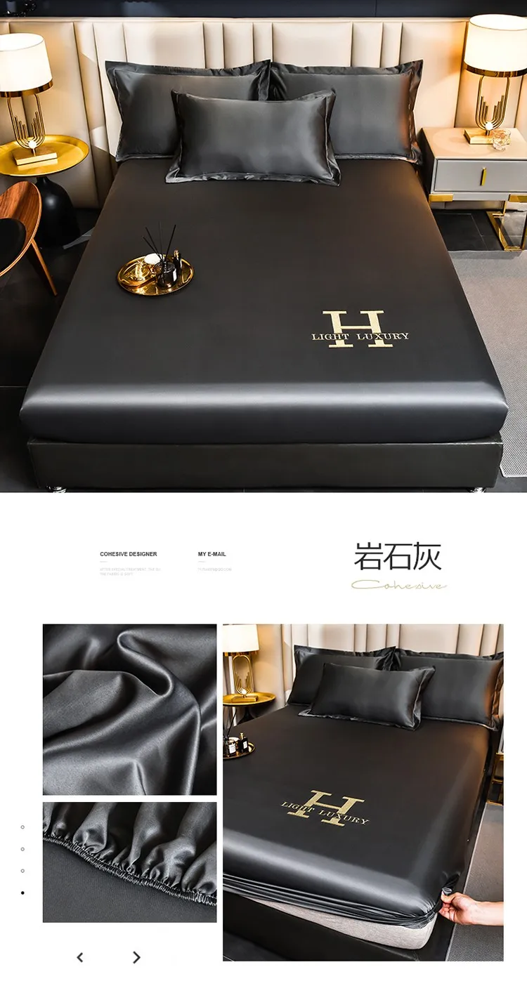 Luxury Ice Silk Fabrics Elastic Fitted Sheet Summer Solid Bedding Mattress Protector Cover Queen King Size Bed Sheet Set 4 Sizes