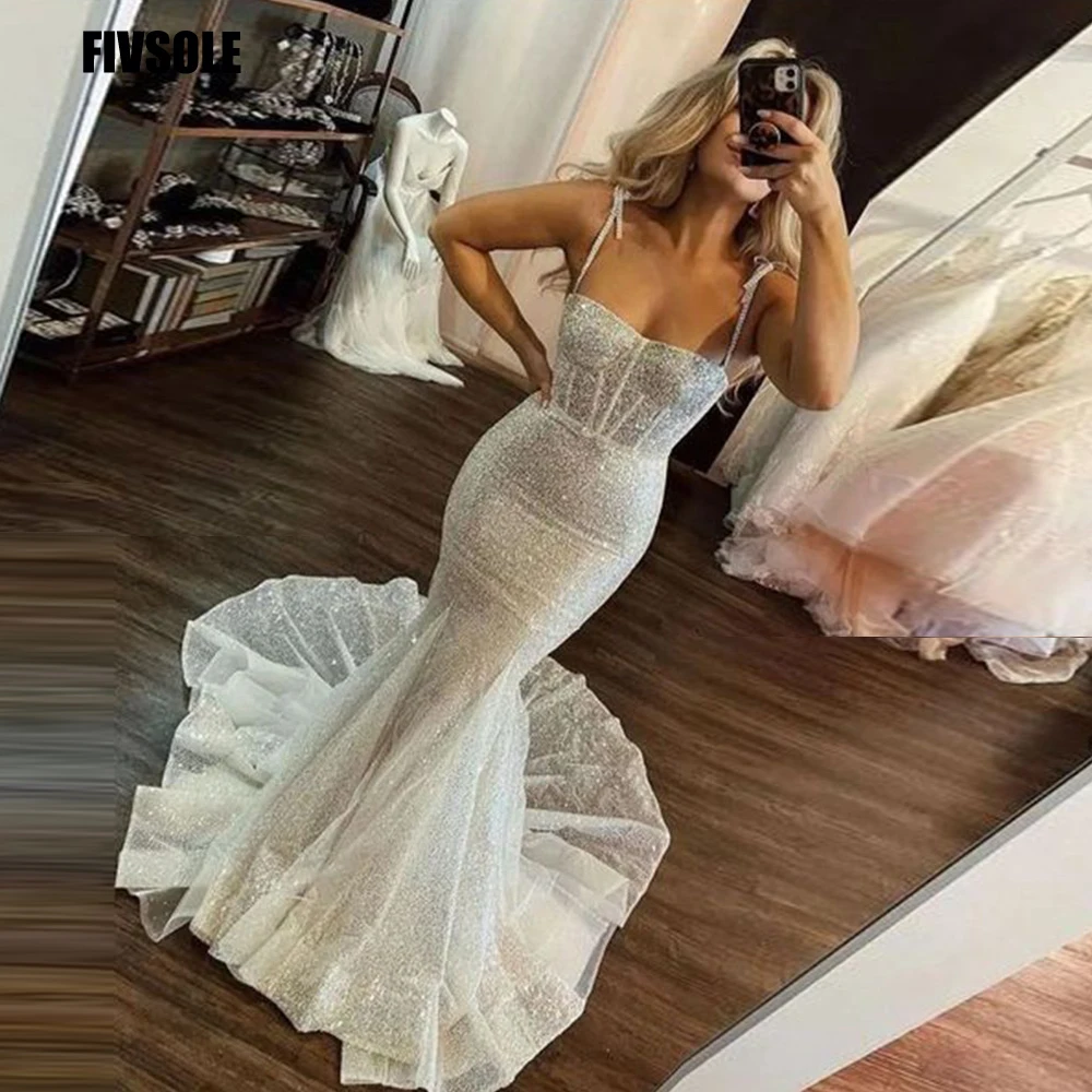 

Fivsole Adjustable Spaghetti Straps Wedding Dress Glitter Sequins Mermaid Bride Dress For Marriage Sweep Train Vestidos De Novia