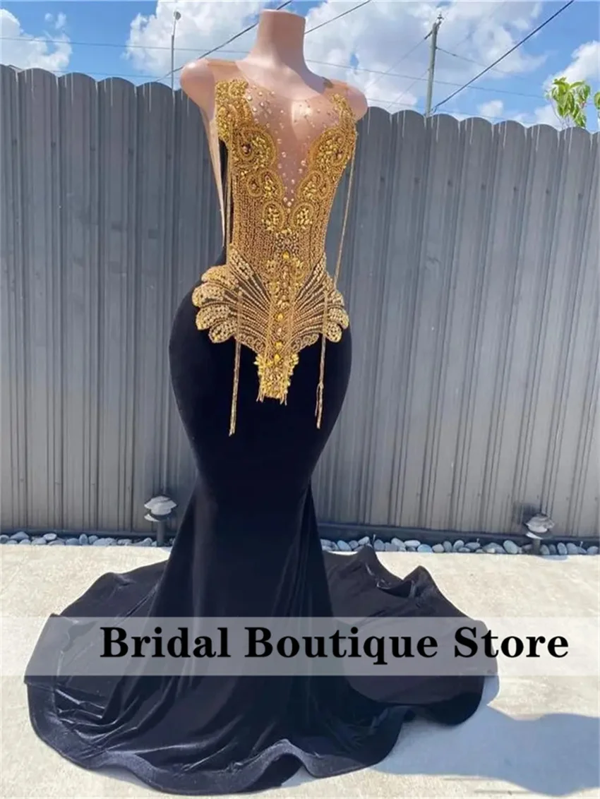 Glitter Diamonds Black Prom Dress Golden Beaded Rhinestones Tassels Birthday Party Dresses Wedding Reception Gown Customized women prom dresses