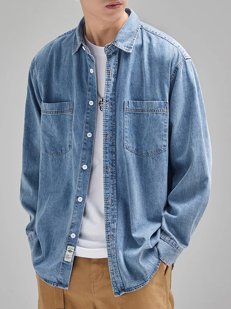 Autumn Denim Shirt Men Classic Casual Chest Pockets Soft Cotton Long Sleeve Cowboy Loose Blue Jeans Shirts