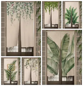 Green Leaf Japanese Noren Door Curtain Tropical Plant Kitchen Bedroom Simple Doorway Curtain Drapes Entrance Decor Half-curtain