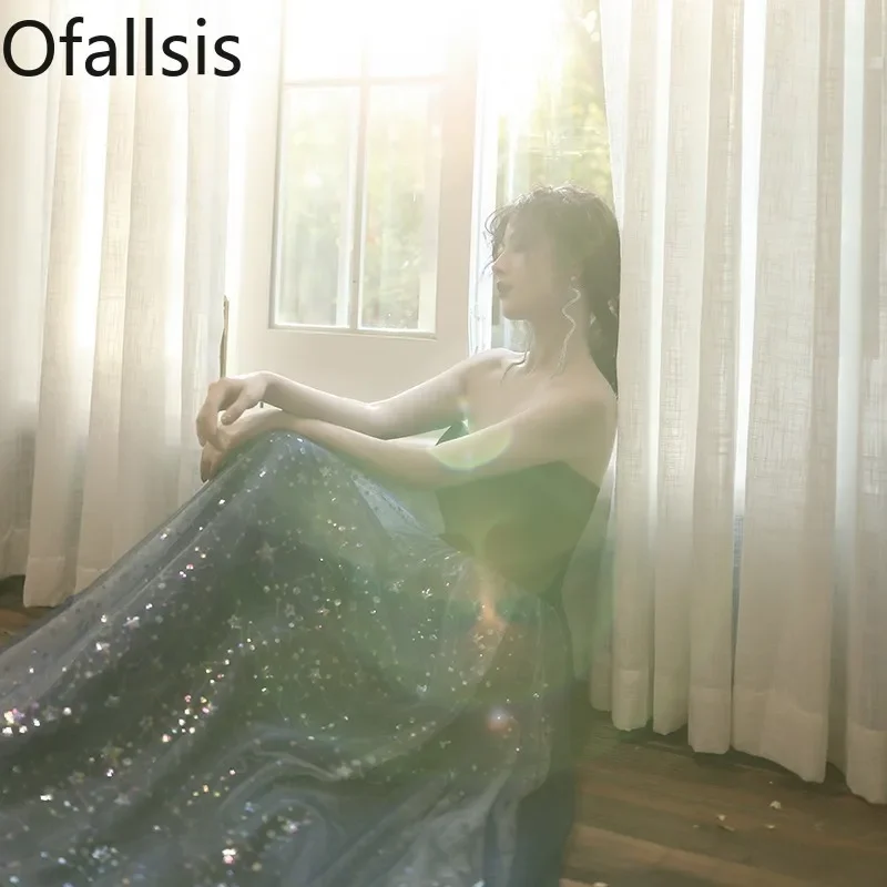

Ofallsis Strapless Mesh Stitching Fantasy Evening Dress 2023 Summer Banquet Bra Starry Sky Temperament Annual Meeting Dresses