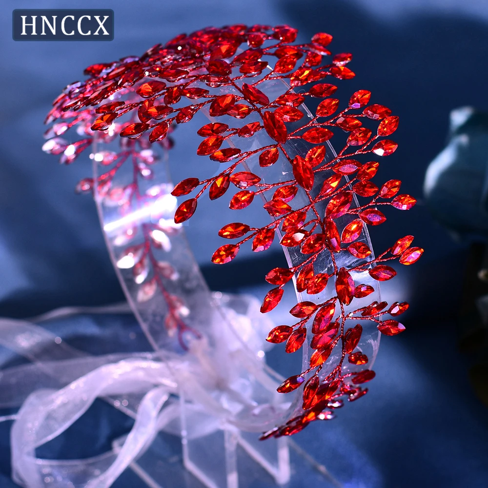 HNCCX 럭셔리 레드 컬러 라인스톤 머리띠 신부 와이드 헤어 밴드 웨딩 헤어 액세서리 여성 파티 이벤트 헤드피스 HP237