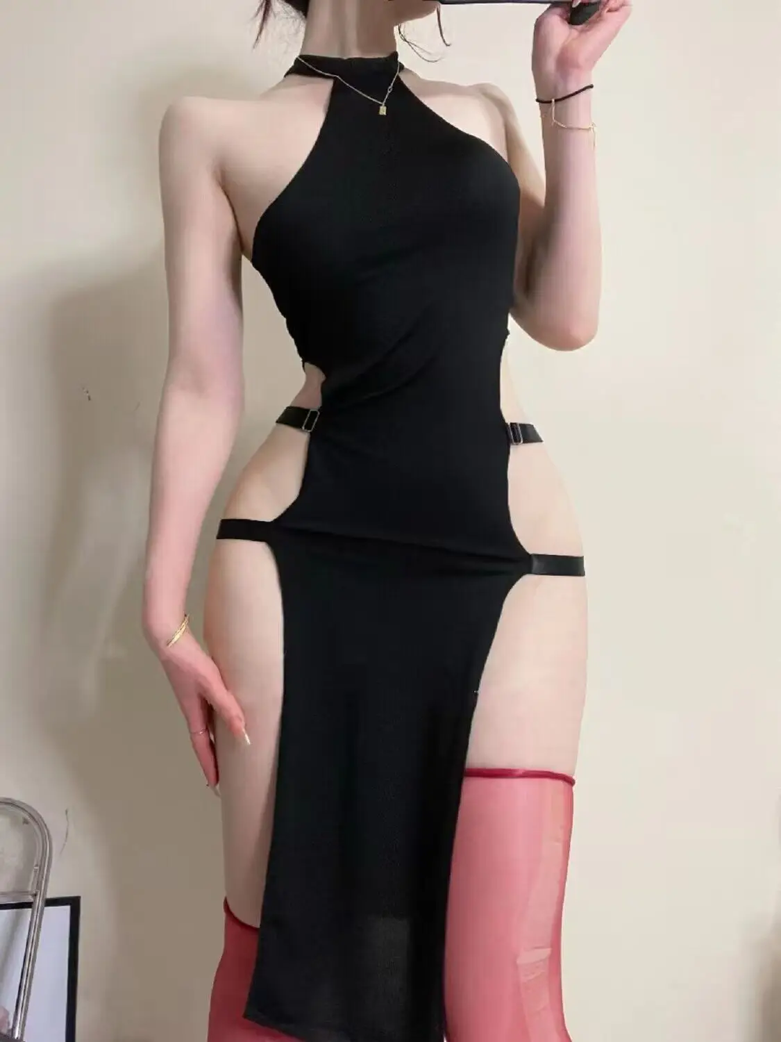 

Black Tank Mini Dress Cheongsam Spicy Girl Sexy Hanging Neck Elastic High Waist Split Dress Elegant Women V714