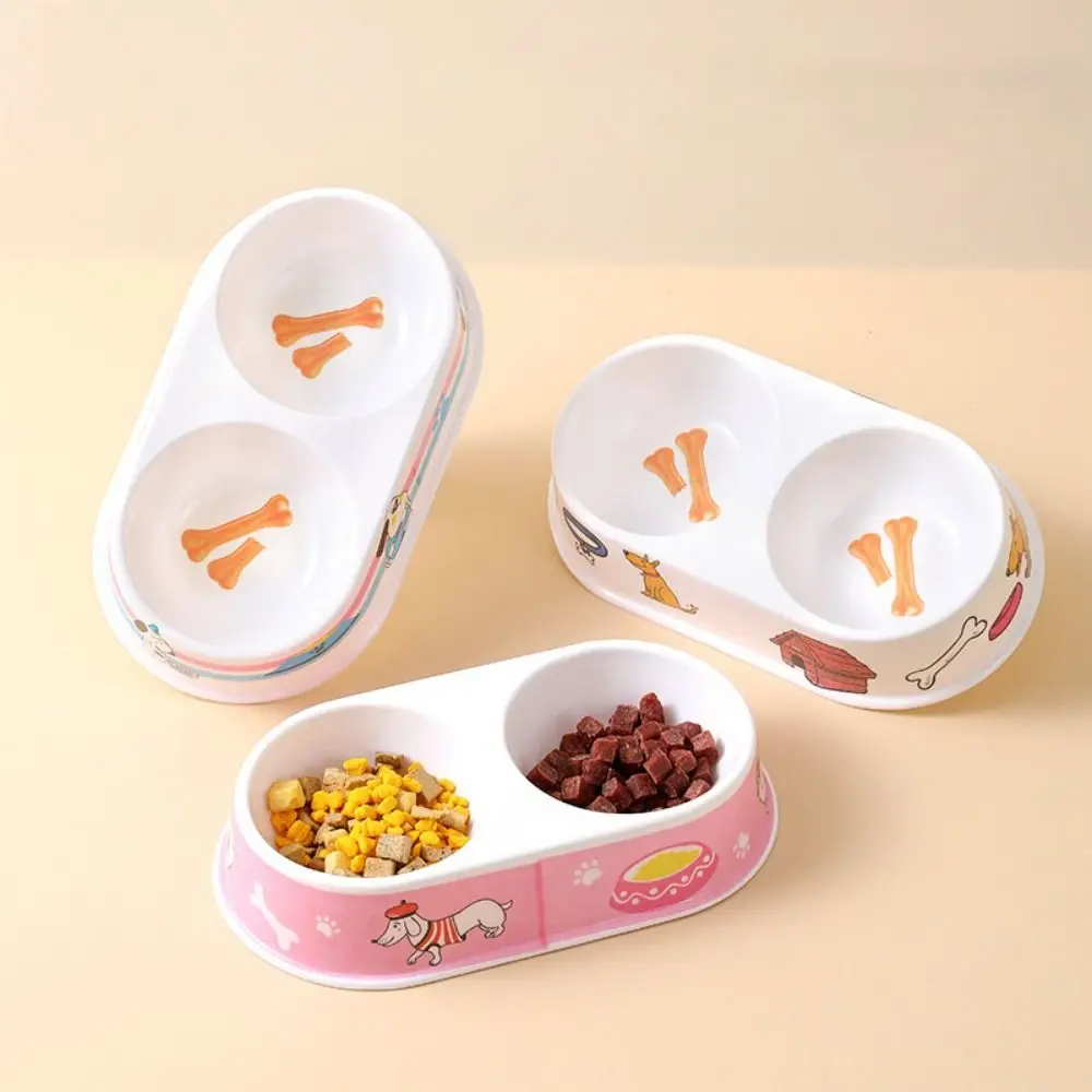 

Oval Pet Double Bowl Dog Accessories Cartoon Print Melamine Pet Drinking Dish Non-slip Pattern Random Dog Food Water Bowl Home