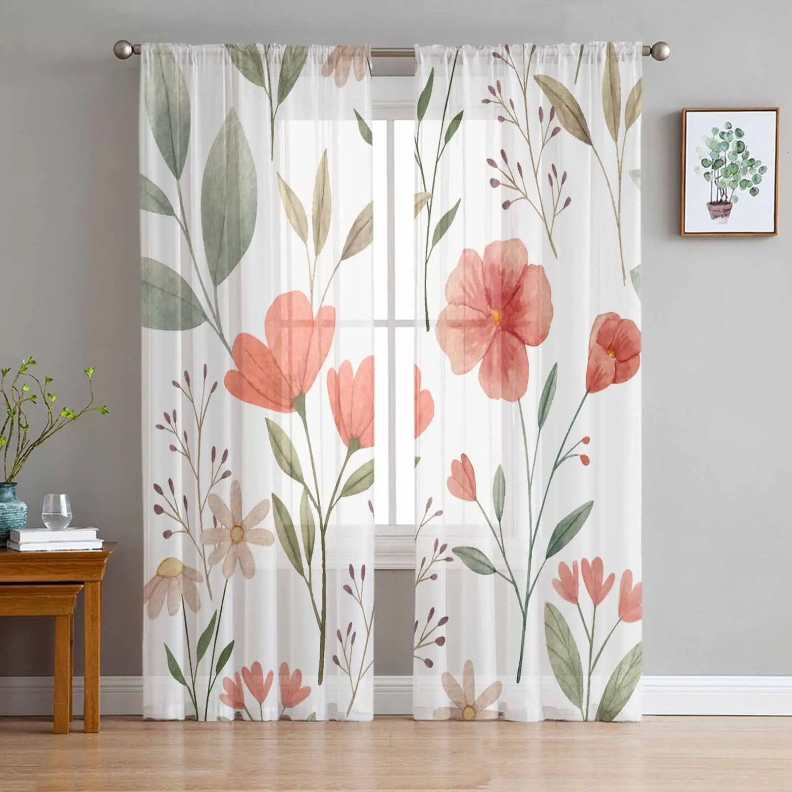 

Pastoral Plants Flowers Plants Watercolor Sheer Curtain Living Room Drapes Home Bedroom Voile Curtain Tulle Window Curtain