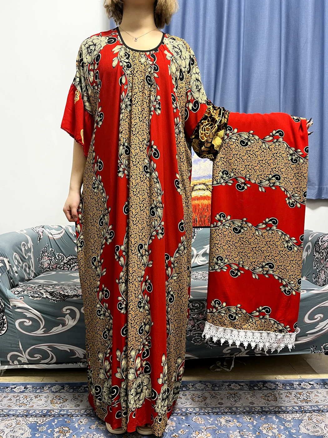 Abayas For Women Dubai Turkey Muslim Cotton Round Neck Floral African Long Dress Loose Novelty Robe Femme Musulmane Big Scarf