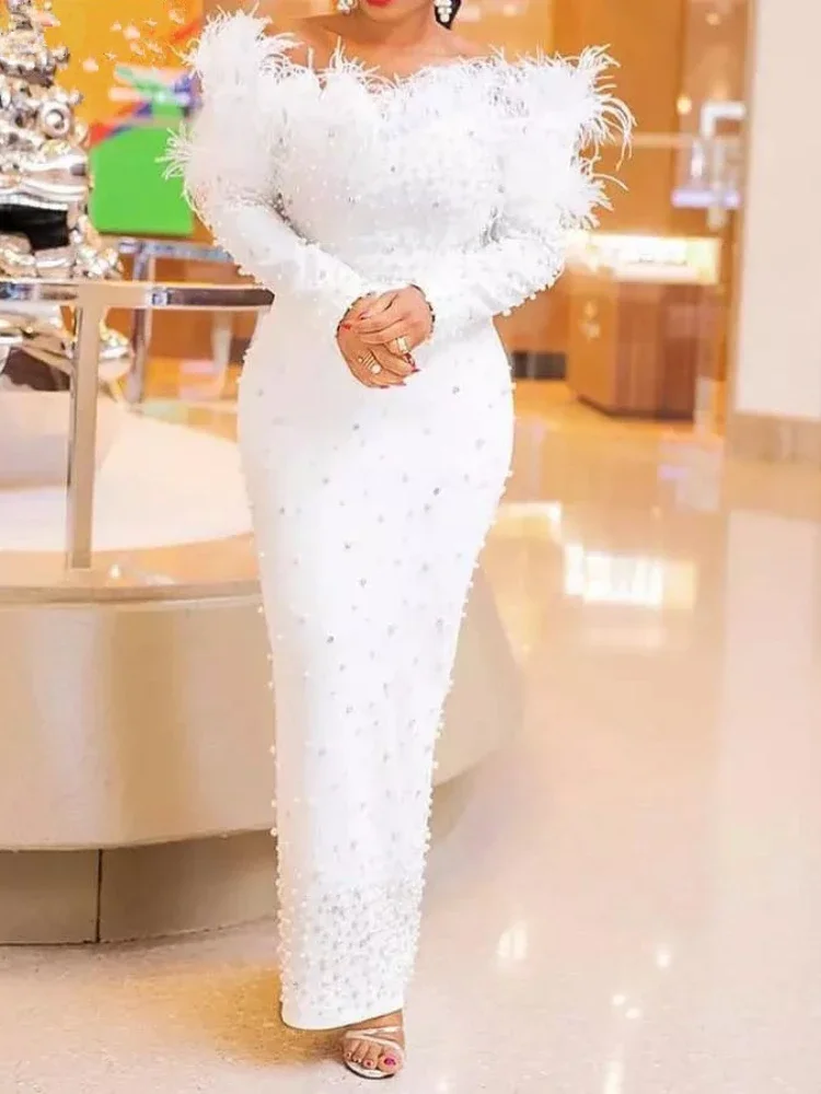 Glamorous Feather Adorned Off-the-Shoulder Party Dress Pool main image 1