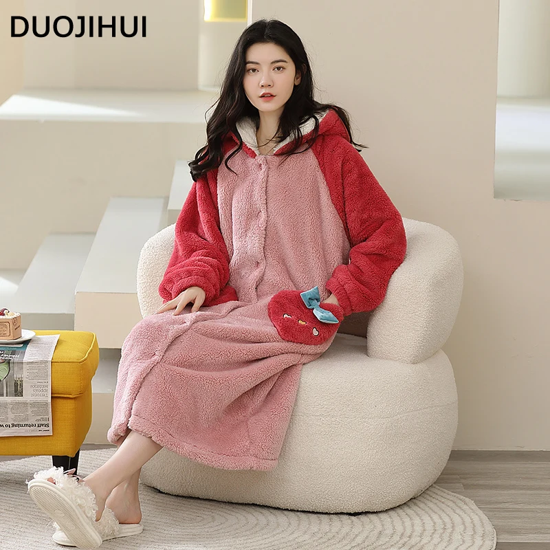 DUOJIHUI Sweet Winter Hooded Button Cardigan Robes for Women Fashion Pocket Basic Simple Loose Casual Flannel Soft Female Robes