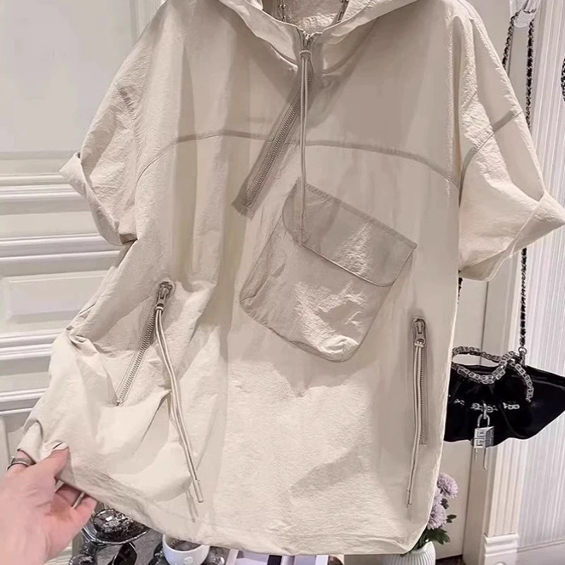Summer Zippered Pocket Short Sleeve Men Hooded T Shirts Fashion Irregular Harajuku Hip Hop Punk 3xl Oversized Streetwear Black