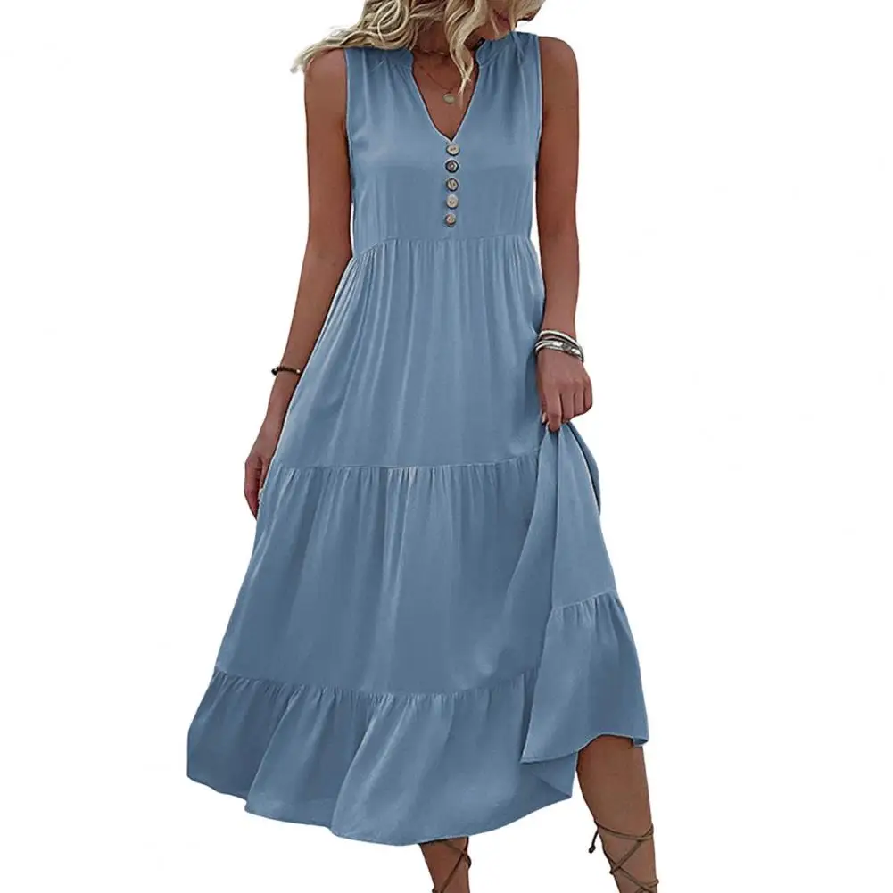 RuffleWomenVestDressSummer2023PatchworkButtonVneckSleevelessSolidColorLoosePleated