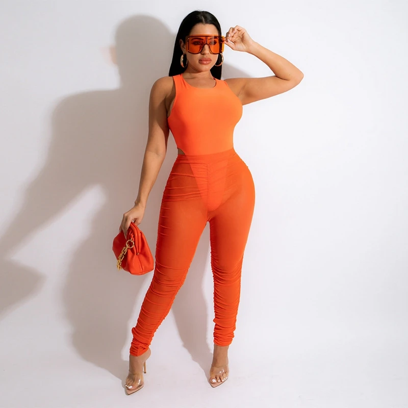 

Женские летние комплекты из двух предметов, сексуальный боди без рукавов и прозрачные сетчатые брюки, однотонные Клубные костюмы для женщин, подходящие комплекты