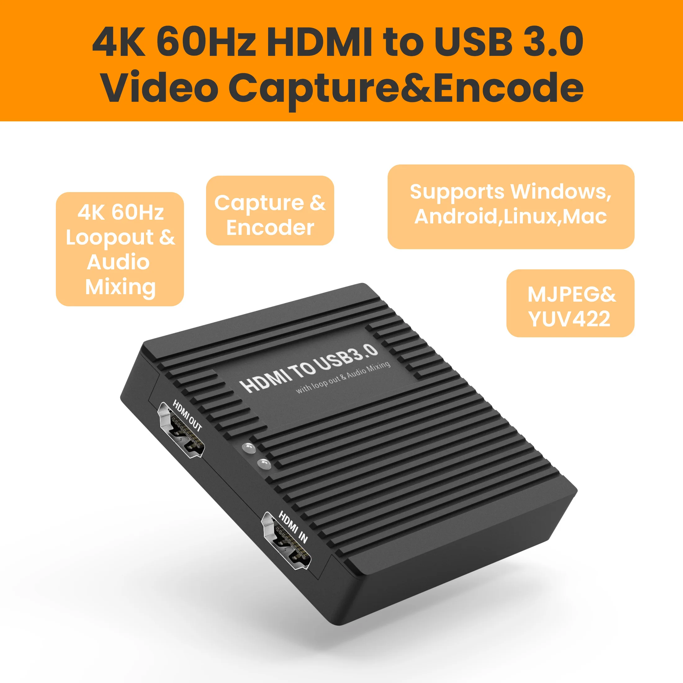 

LCC380 4K60Hz HDMI TO USB3.0 Capture HDMI Loopout Audio Mixing,HDMI TO UVC/UAC,YUV422,1080P60 Recording,Line in+MIC in+Speaker