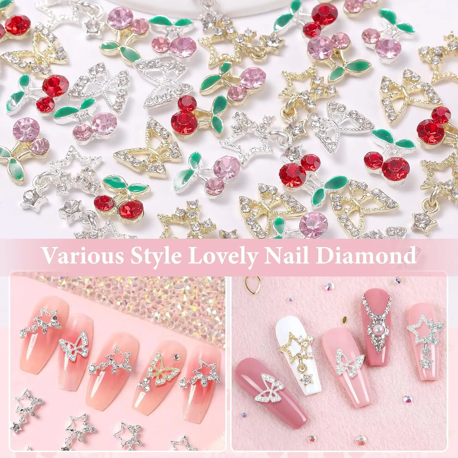 40 Pcs Alloy Nail Gems Charms, Silver Gold 3D Butterfly Dangle Star Nail Rhinestones Charms Pink Red Cherry Shiny Diamond Nail 4