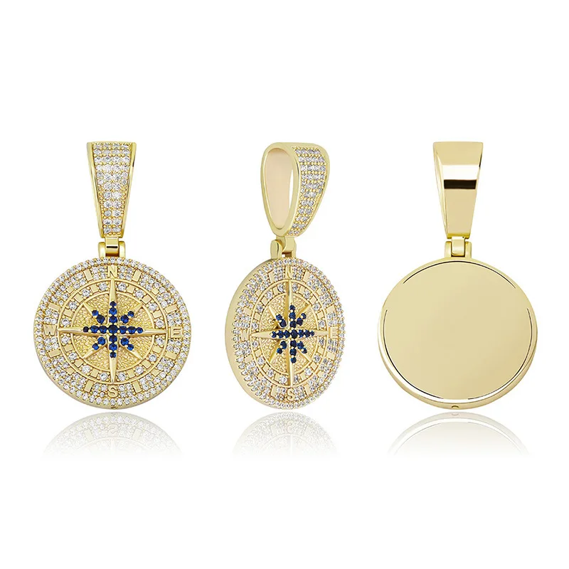 18K White Gold Plated Compass Pendant Iced Out Hip Hop Jewelry Bling 5A Hip Hop Pendant Necklace 2