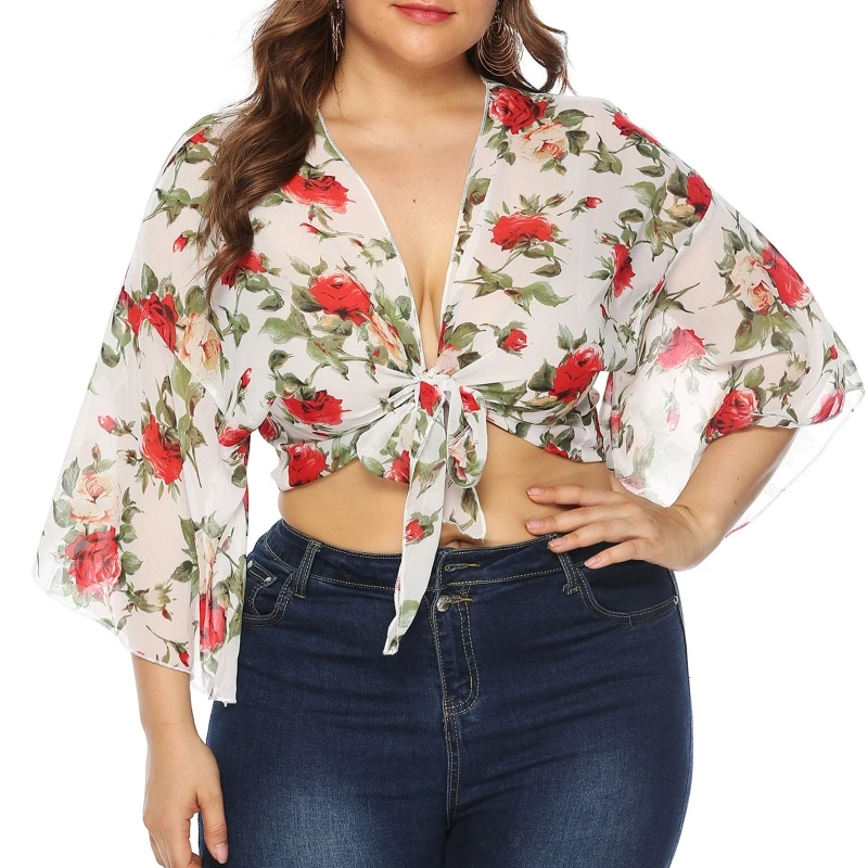 Women Plus Size Flared 3/4 Sleeve Chiffon Shrug Sexy Deep V-neck Tie Front Cropped  Cardigan Vintage Rose Floral Print Sheer Up - T-shirts - AliExpress