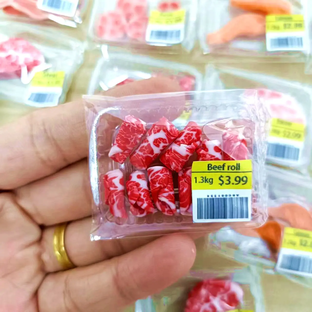 New Miniature Supermarket food simulation beefsteak salmon Bacon  beef roll for Doll House Mini Kitchen Clay food Accessories 3