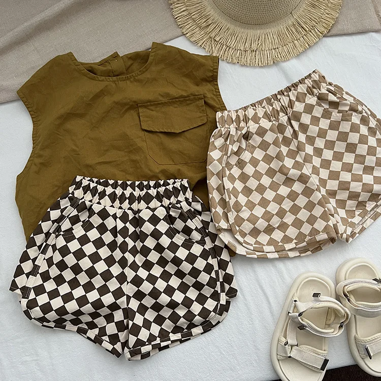 Kids Shorts 5040 Children's Plaid Shorts Summer Boys and Girls Lace Sweatpants Baby Leisure Hot Pants