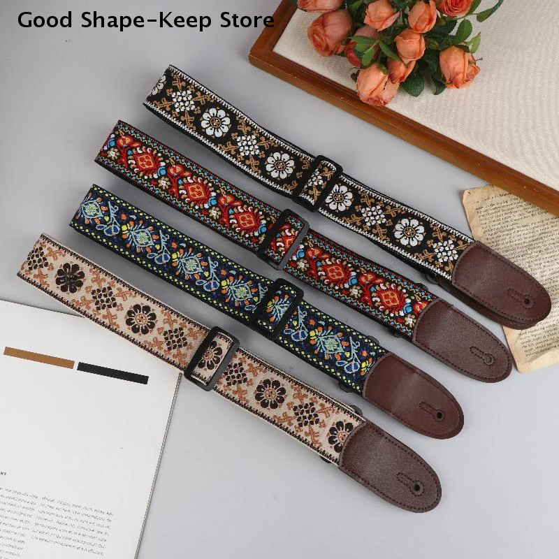 조절 가능한 기타 스트랩, 일렉트릭 및 어쿠스틱 베이스용 목 스트랩, 면 가죽 자수 스트랩, 악기 액세서리