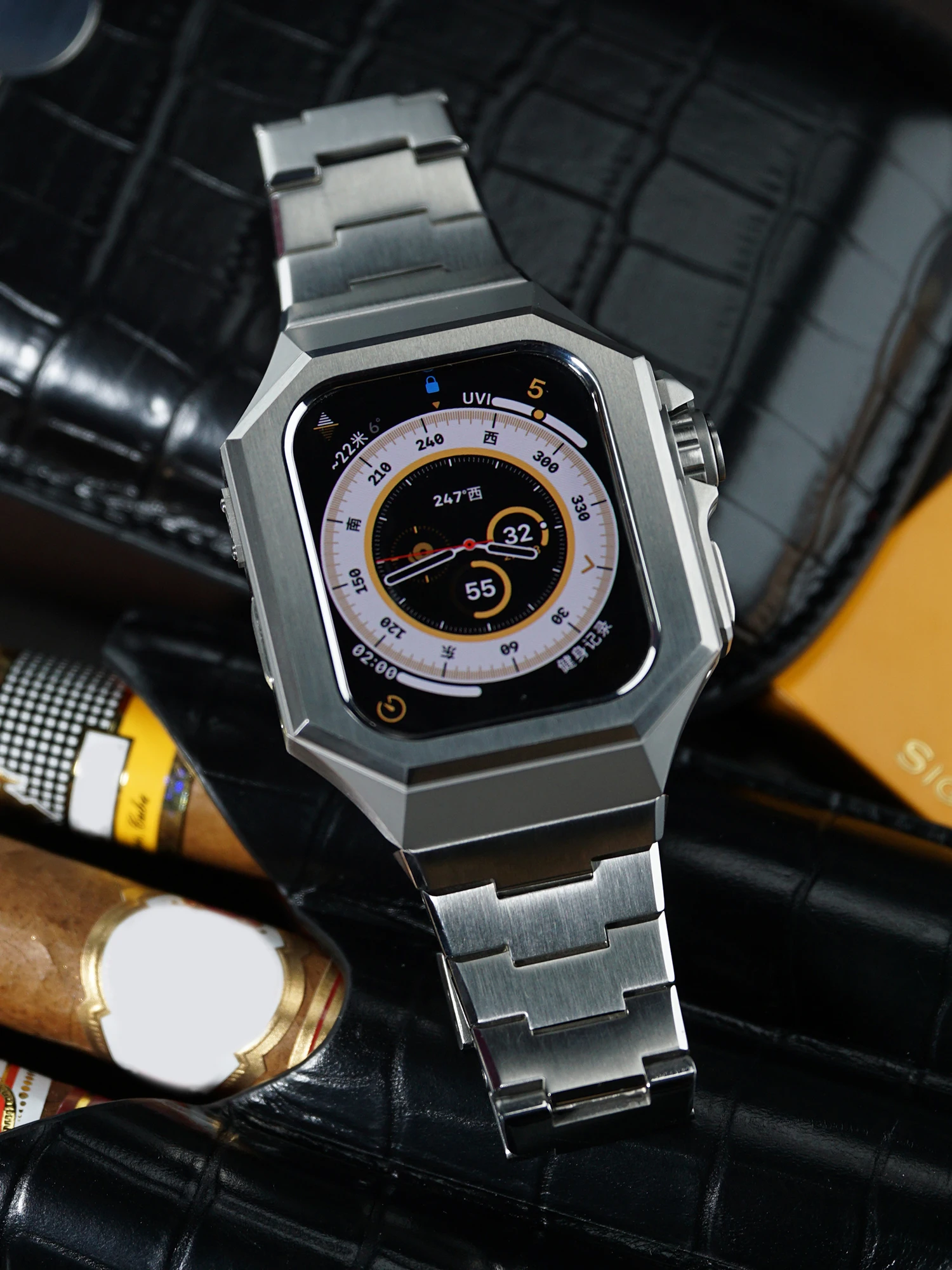 애플 워치용 럭셔리 DIY 수정 키트, 남성용 스테인레스 스틸 케이스 밴드 세트, 고무 스트랩, iWatch Ultra 49mm